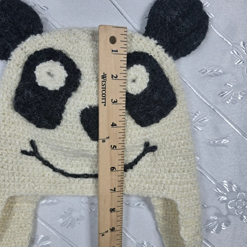 Peruvian Trading Co Erika Panda Knit Chullo Earflap Beanie Hat Cream Black Funny